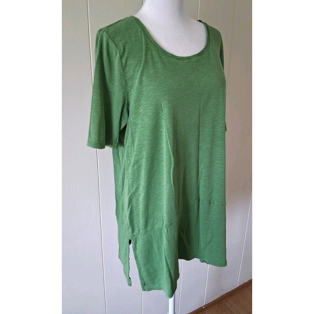 J.Jill Pima Cotton Dipped Hem Tunic Shirt Large Lagenlook Short Sleeve Side Slit